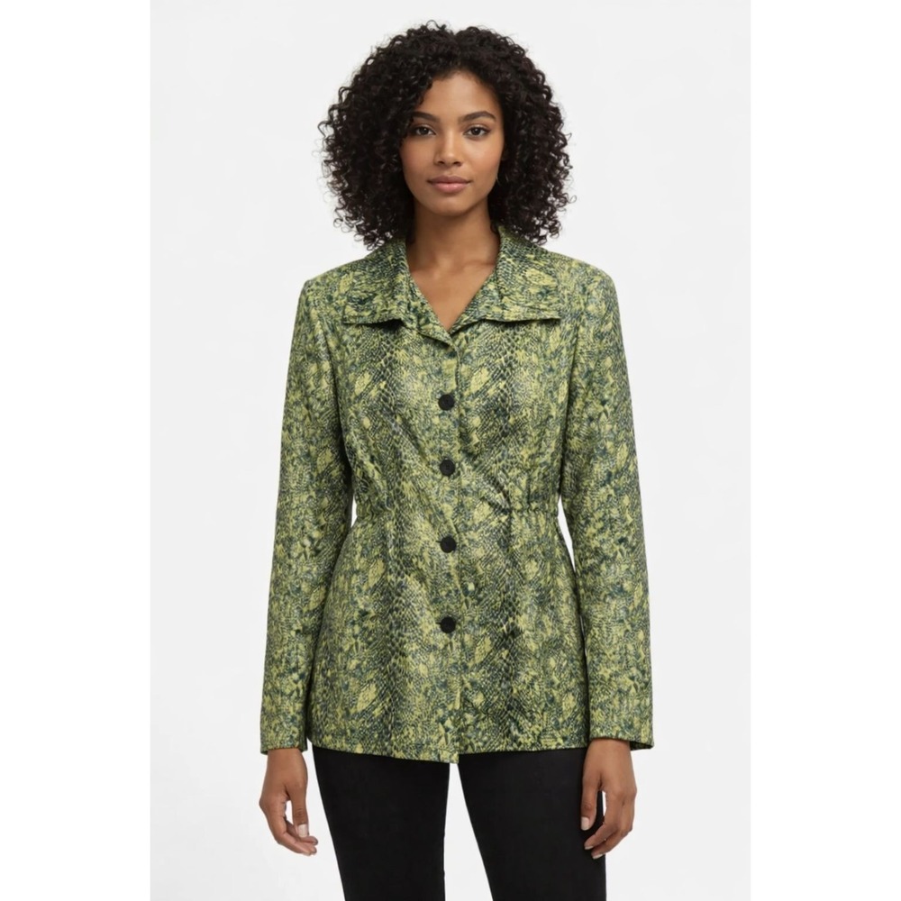Green Snakeskin Print‎ Button-Up Jacket Animal Maximalist Wet Look Shiny